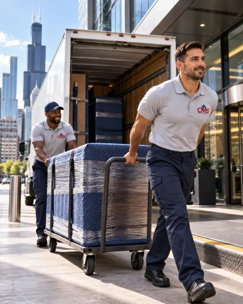 Installation crew moving blanket-wrapped furniture on a cart into a downtown Chicago building
