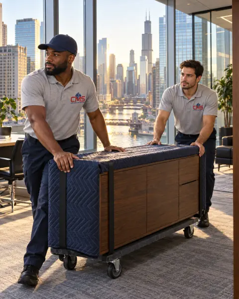 Corporate Move Solutions crew moving a protected credenza in a Chicago high-rise office