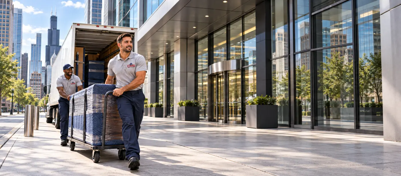 Corporate Move Solutions movers delivering blanket-wrapped furniture from a truck to an office building in downtown Chicago
