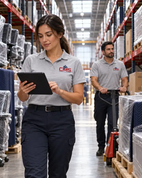 Corporate Move Solutions warehouse staff tracking stored furniture inventory on a tablet