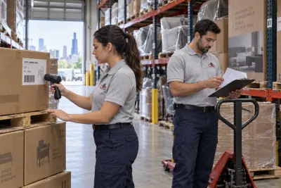 Warehouse manager tracking palletized furniture inventory in the Corporate Move Solutions warehouse