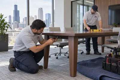 Installers placing a desk in a hotel guest room