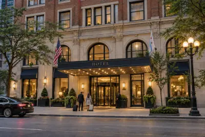 Upscale Chicago hotel entrance with guests arriving