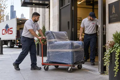 Crew member at the loading dock next to a Corporate Move Solutions delivery truck