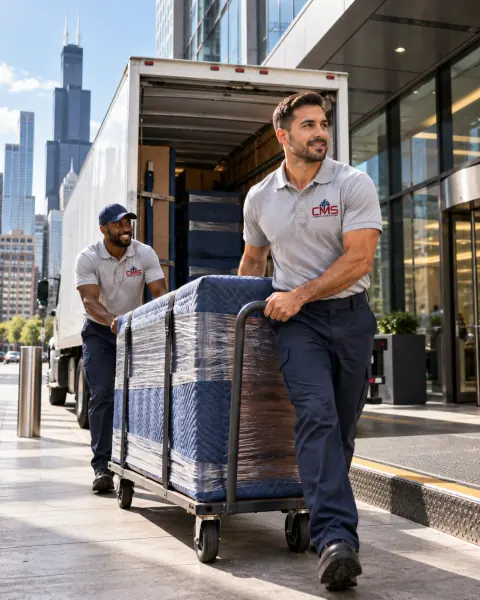 Corporate Move Solutions crew delivering commercial furniture from a truck in downtown Chicago