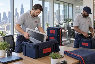Movers rolling a padded office cabinet through a corporate office