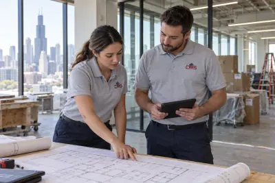 Project manager and coordinator reviewing floor plans on a commercial renovation site
